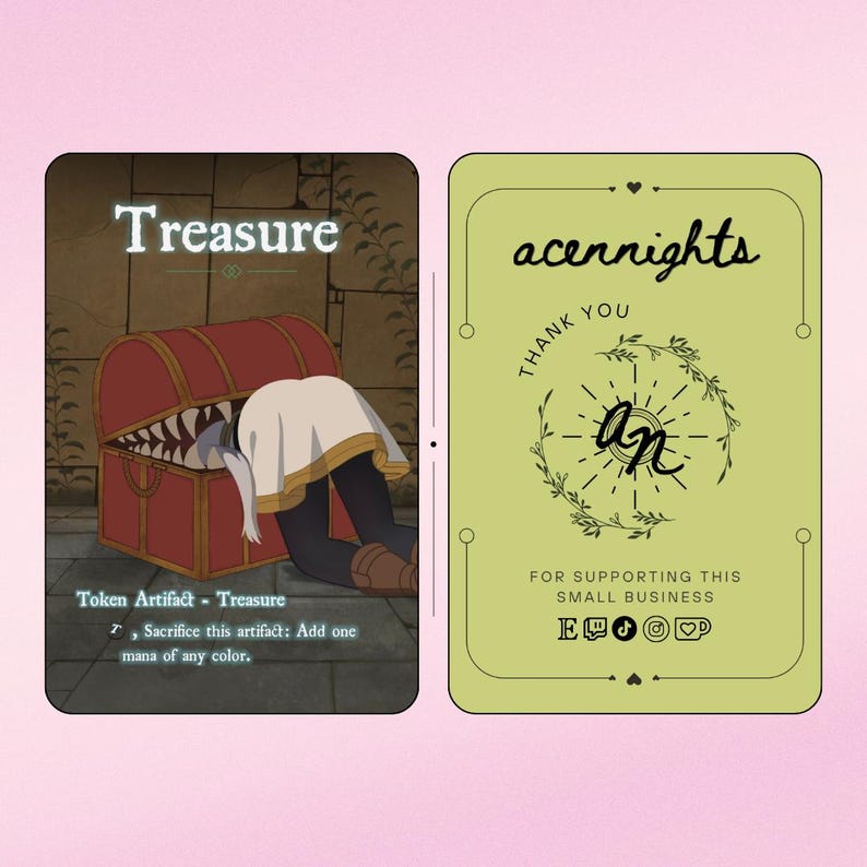 May include: A trading card featuring a red treasure chest with a person inside, and the word "Treasure" at the top. The card on the right has the text "acennights" and "THANK YOU" with social media icons.