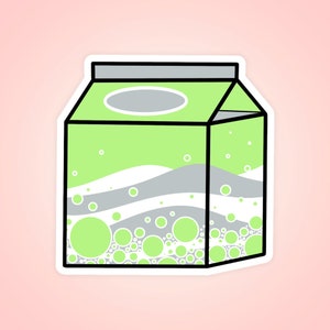 May include: A green and white cartoon milk carton with a gray lid and a white circle on the front. The carton is filled with white and gray waves and green and white bubbles.