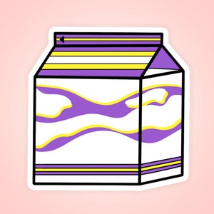 May include: A cartoon illustration of a milk carton with a purple and yellow swirl design. The carton has a white background and a black outline.