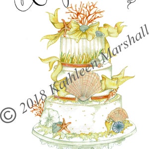Félicitations Beach Cake Card, Fabriqué à la main, Blanc, Original Watercolor Illustration imprimé Art Card, Main signée par artis