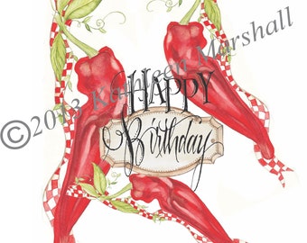 Carte d’anniversaire de Red Chili Peppers, fait à la main, blanc, illustration aquarelle originale imprimée carte d’art, à la main signée par l’artiste