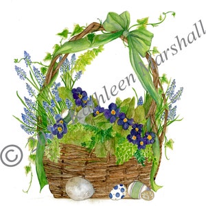 Carte de panier de jardin de Pâques, faite à la main, Blanc, Original Watercolor Illustration imprimé Art Card, Main signée par l’artiste