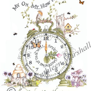 Tuin tijdkaart met de hand gemaakt, blanco, originele aquarel illustratie afgedrukt kunstkaart, hand ondertekend door kunstenaar