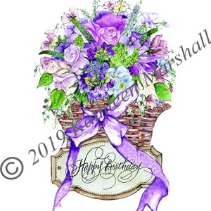 De gelukkige Kaart van de Mand van de Bloem van de Verjaardag, Met de hand gemaakt, Leeg, Originele AquarelIllustratie gedrukte Kaart van de Kunst, Hand die door kunstenaar wordt ondertekend