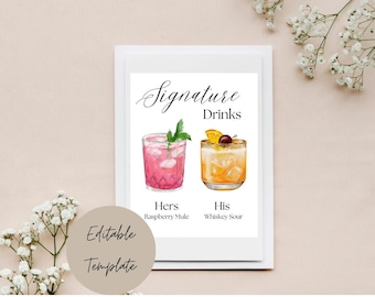 Signaturdrinkskylt, Hans och hennes drinkar, Utskrivbar signaturcocktailskylt, Redigerbar signaturdrinksmeny, Mall för bröllopsbarskylt