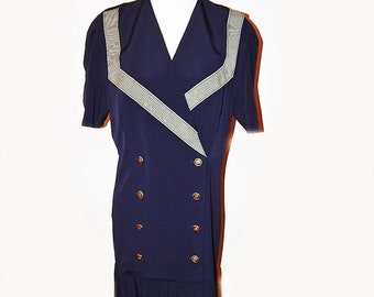 70's Liz Robert's Sailor Style Dark Blue Dress with Pleated Skirt Bottom