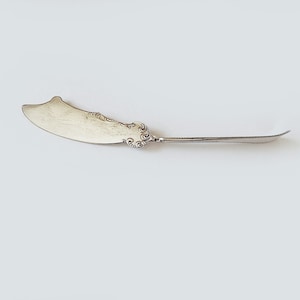 May include: A silver butter knife with an ornate handle. The knife has a slightly curved blade and a pointed tip.