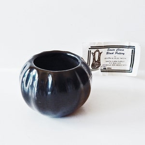 May include: A black pottery bowl with a rounded shape and a smooth, glossy finish. The bowl is made by LeDorna & Celis Tafoya, Santa Clara Pueblo, Espanola, New Mexico.