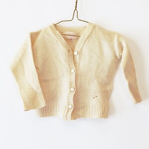 May include: A cream-colored knitted cardigan with a V-neck and button closure. The cardigan has a subtle pattern and is made of a soft, lightweight fabric.