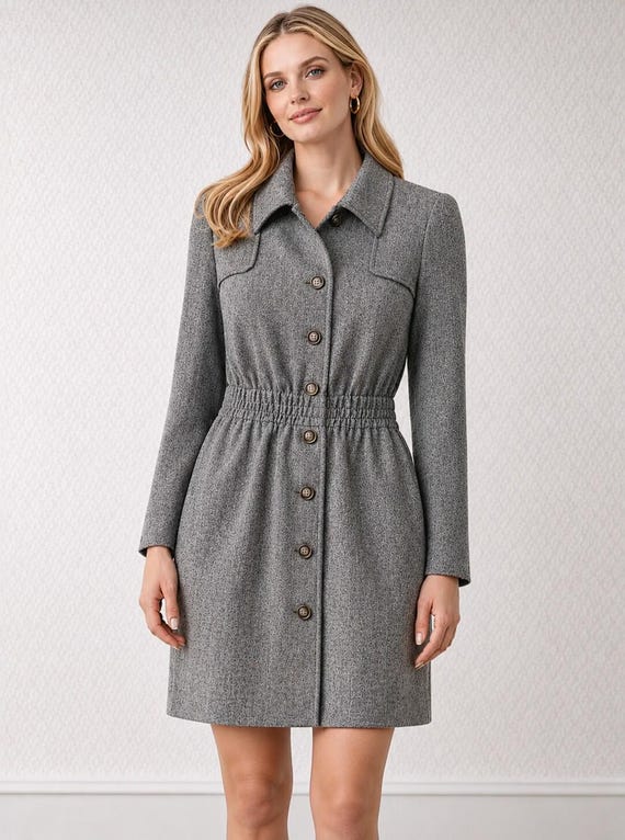 Valentino Boutique / Miss V, Vintage Valentino Boutique Wool Herringbone Dress Italy Sz S