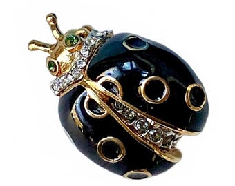 Vintage St. John Gold zwart geëmailleerde strass lieveheersbeestje broche