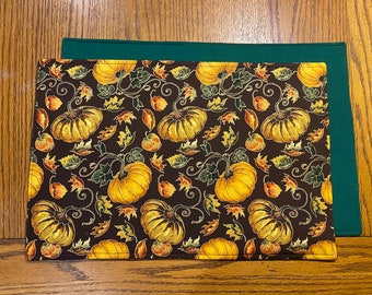 Handmade Fall Holiday Placemats & Coasters - Reversible - Pumpkin + Fall Leaves with Dark Green - Set of 4