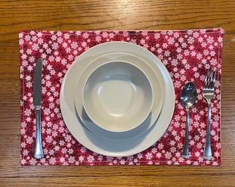 Handmade Winter Christmas Holiday Placemats - Reversible - 3 Snowflake Red Glitter w/ White Snowflakes