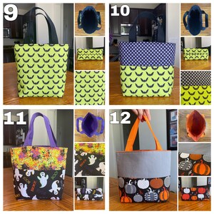 May include: Four different Halloween trick-or-treat bags. The first bag is green with a black bat pattern. The second bag is black with white polka dots and a green bottom with a black bat pattern. The third bag is black and white with a ghost pattern. The fourth bag is grey with an orange top and a black and white pumpkin pattern.