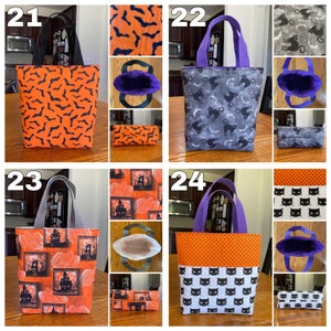 May include: Four Halloween-themed trick-or-treat bags with different patterns. The bags are made of fabric and have purple handles. The patterns include bats, cats, haunted houses, and polka dots. The bags are numbered 21, 22, 23, and 24.