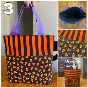 May include: A black and orange striped Halloween trick-or-treat bag with a candy corn print. The bag has purple handles and a black lining. The bag is shown with an alternate version with a black and orange striped fabric.