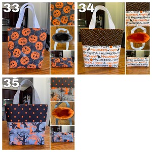May include: Three Halloween-themed tote bags. The first bag is black with orange pumpkins, the second bag is black with orange polka dots and the text "HAPPY HALLOWEEN" repeated, and the third bag is black with orange polka dots and a grey and orange fabric with a spooky tree and witch design.