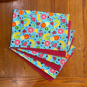 Handmade Matching Fruit Placemats - Reversible - Watermelon, Banana, Lime, Lemon, Apple, Kiwi - Red with White Polkadots - Sets of 4 and 6