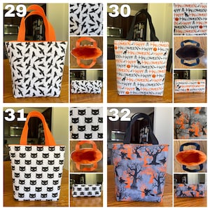 May include: Four Halloween-themed tote bags with different designs. The bags are made of fabric and have orange or black handles. The designs include black crows on a white background, black cats on a white background, a Halloween-themed print with orange and grey colours, and a Halloween-themed print with orange and black colours.