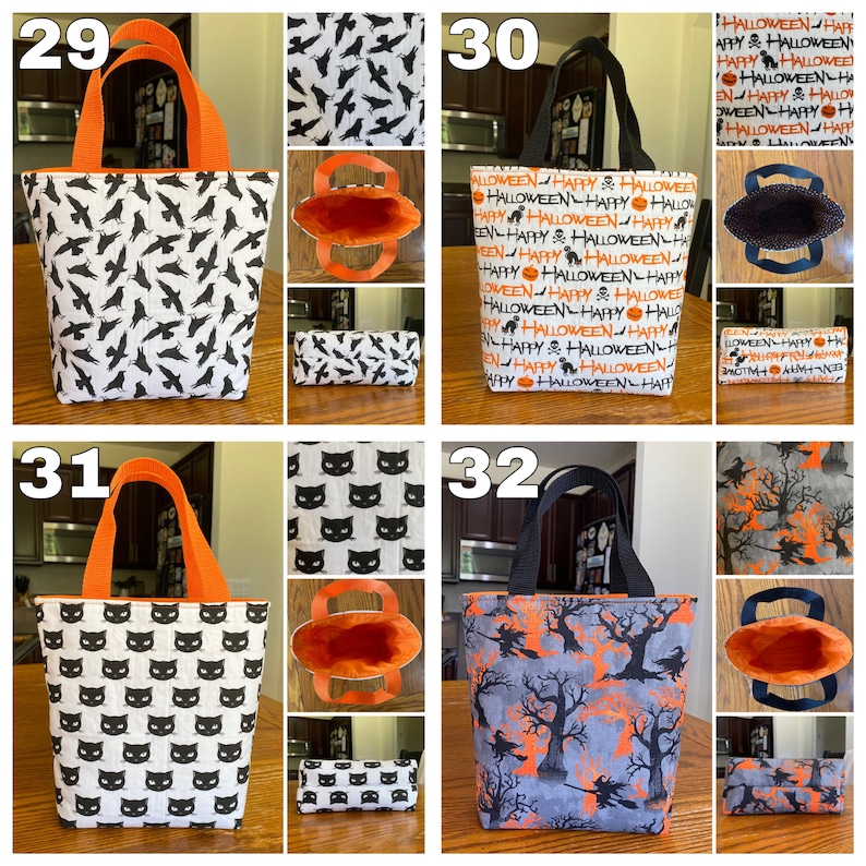 May include: Four Halloween-themed tote bags with different designs. The bags are made of fabric and have orange or black handles. The designs include black crows on a white background, black cats on a white background, a Halloween-themed print with orange and grey colours, and a Halloween-themed print with orange and black colours.