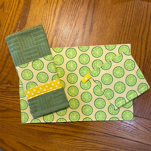 Handmade Sliced Lime/Lemon Fruit Placemats - Reversible - Matching Kitchen Towel + Pot Holder - Sold Individually or in Matching Sets