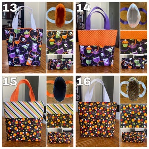 May include: Four Halloween trick-or-treat bags with different patterns. The bags are made of fabric and have a top handle. The patterns include candy corn, striped, cocktails, and polka dots. The bags are numbered 13, 14, 15, and 16.