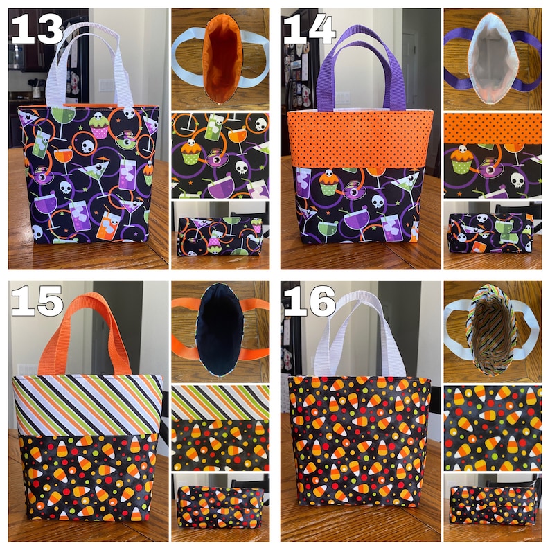 May include: Four Halloween trick-or-treat bags with different patterns. The bags are made of fabric and have a top handle. The patterns include candy corn, striped, cocktails, and polka dots. The bags are numbered 13, 14, 15, and 16.