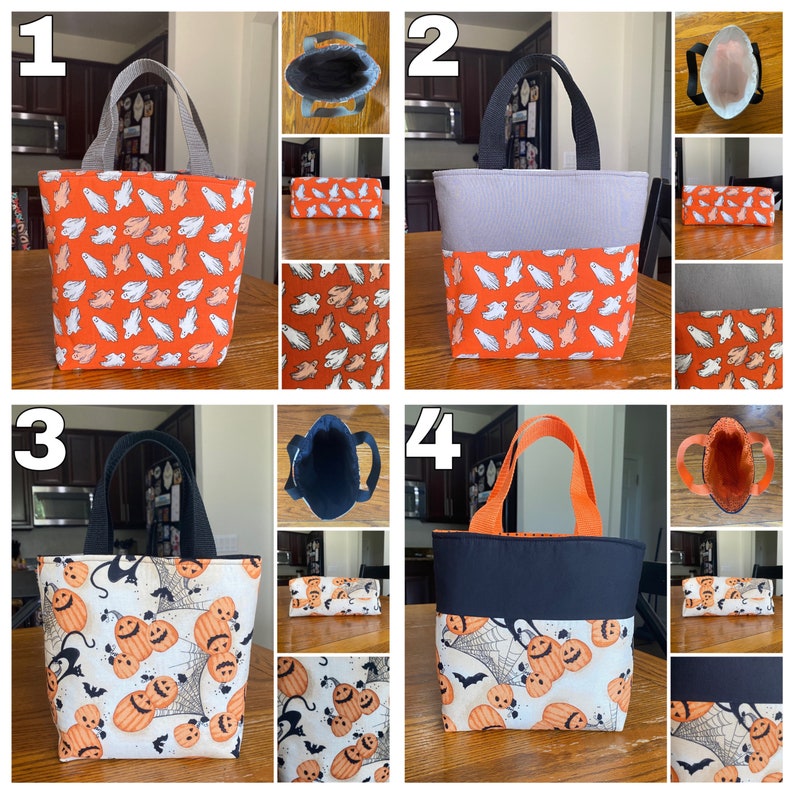 May include: Four Halloween-themed tote bags with different designs. The bags are made of fabric and have a black or grey lining. The designs include ghosts, pumpkins, and bats. The bags are all approximately 20 cm tall and 15 cm wide.