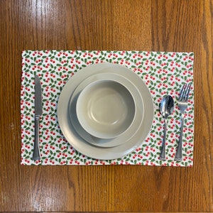 Handmade Cherry Fruit Placemats - White Background - Reversible
