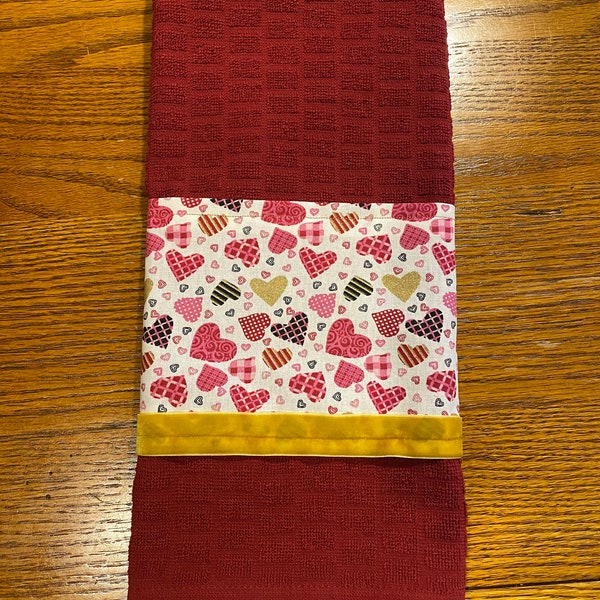 Handmade Dark Red Valentine's Day Kitchen Towel