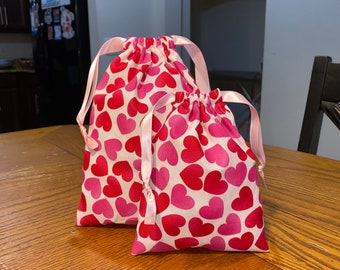 Handmade Valentine's Day Reusable Drawstring Gift Bags - Candy Gift Bags - Pink & Red Hearts Gift Bag - Variety Pattern- Multiple Sized Bags