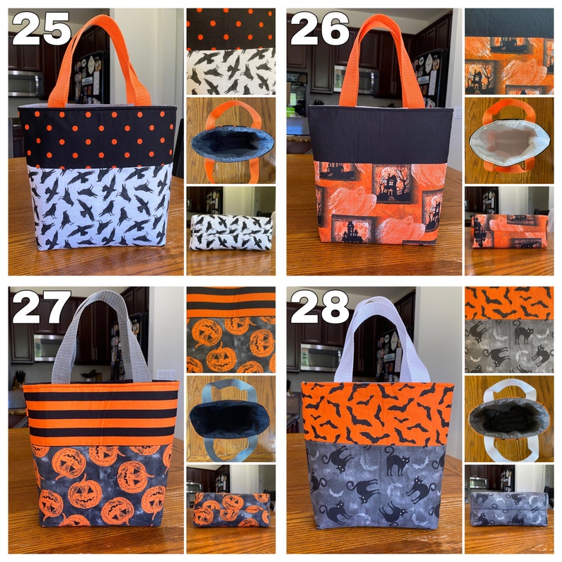 May include: Four Halloween-themed tote bags with different patterns. The bags are made of fabric and have orange and black colours. The bags are numbered 25, 26, 27, and 28.