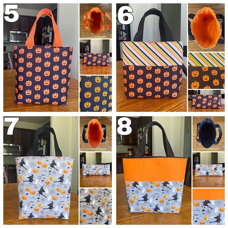 May include: Four Halloween trick-or-treat bags with different designs. The bags are made of fabric and have black handles. The designs include pumpkins, stripes, and a witch with bats and ghosts.