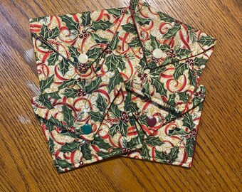 Handmade Holiday Fabric Envelopes - Holly Berries and Ribbon - Christmas Envelopes - For Cards, Cash, Jewelry, Gifts, Small Items