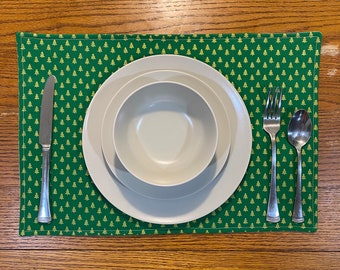 Handmade Christmas Holiday Placemats - Reversible - Golden Glitter Trees with Green Background