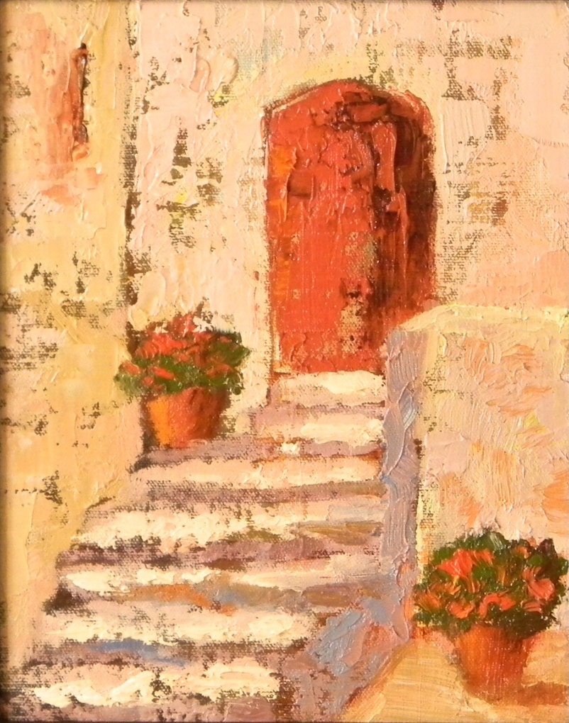 Red Door Diptych Italy Original Oil Painting Landscape 8x10