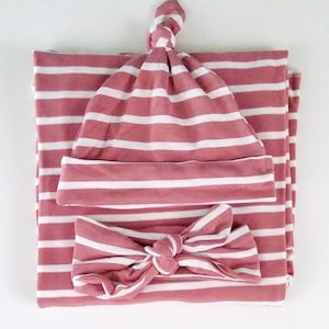 Pink stripe Swaddle Blanket Set with Hat Mauve Swaddle Blanket Baby Girl swaddle Pretty blanket-Newborn Baby Hat Baby Shower Gift