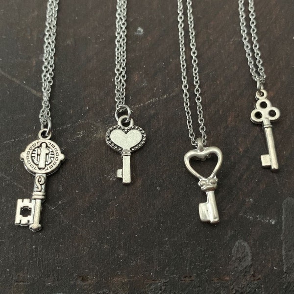 Tiny Key necklace-Key jewelry-mini-Skeleton key-heart