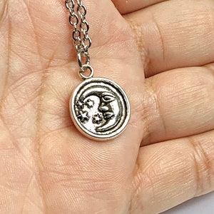 Silver Moon Coin Necklace with stainless steel chain whimsical celestial