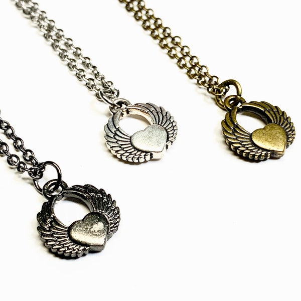 Winged Heart necklace-Heart with wings-gunmetal black-silver-bronze