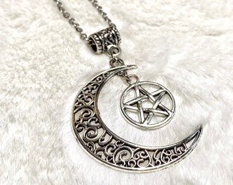 Pentagram Moon Necklace-Pentacle-Crescent moon-Choose your length-half moon-Moon necklace-Silver Moon Pendant-Witchy-Wiccan