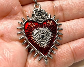 Sacred heart necklace Gothic heart with eye and rose red heart charm Love, Milagro Ex Voto, Evil Eye