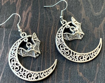 Moon & Bat earrings-Flying Bat-Crescent moon-filigree