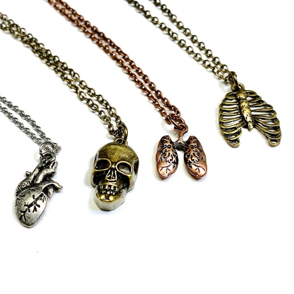 Skull lungs heart ribcage Human anatomy necklace-bronze copper