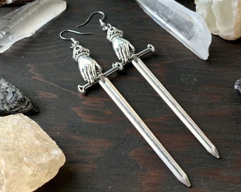 Victorian hand earrings-Silver or Bronze-Long Sword-Occult-gothic-hands-Dagger-athame-goth-blade-lady hands