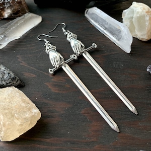 Victorian hand earrings-Silver or Bronze-Long Sword-Occult-gothic-hands-Dagger-athame-goth-blade-lady hands