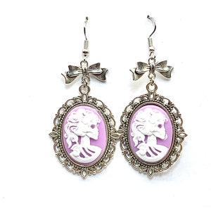 Lavender Skull cameo earrings-bow-pastel goth-Skull cameo-lady-kawaii-cute
