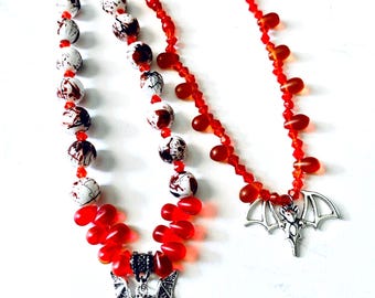 Bat necklace-blood drops-Vampire-bat jewelry-goth jewelry-red beads