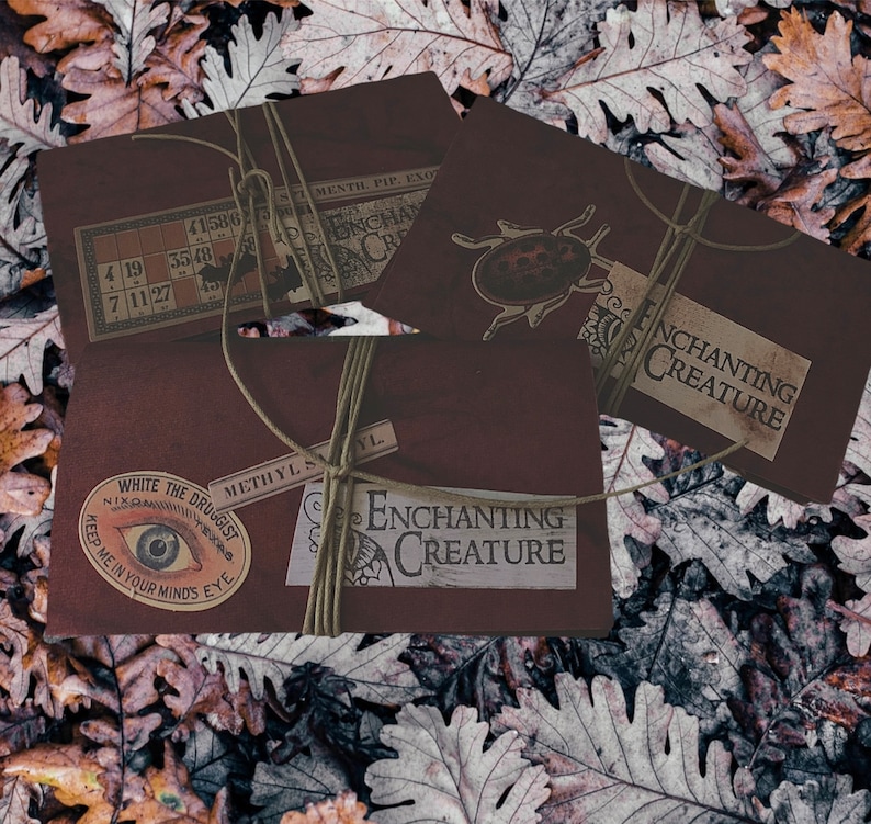 May include: Three vintage-style brown paper envelopes with white text and illustrations. The envelopes have the text "Enchanting Creature" and "White the Druggist" printed on them. One envelope has a drawing of a beetle, another has a drawing of an eye, and the third has a grid of numbers.
