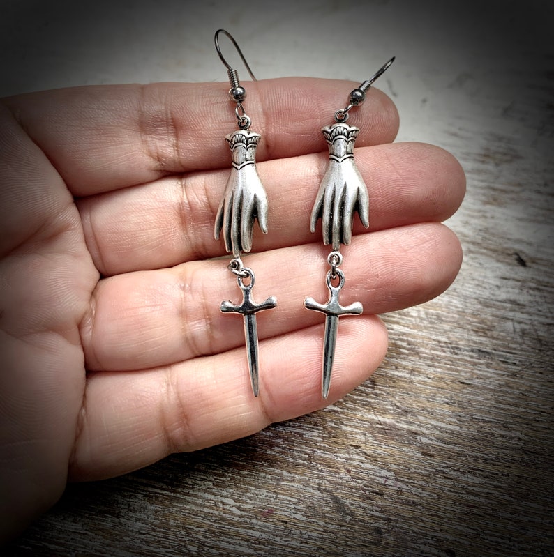 Victorian hand earrings-Occult-gothic-hands-Dagger-athame-Knife-goth-blade-lady hands